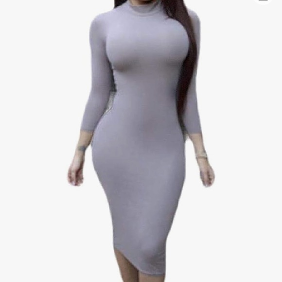 Meshki Dresses & Skirts - Grey Slinky Turtleneck Bodycon Midi Dress-Long Sleeve